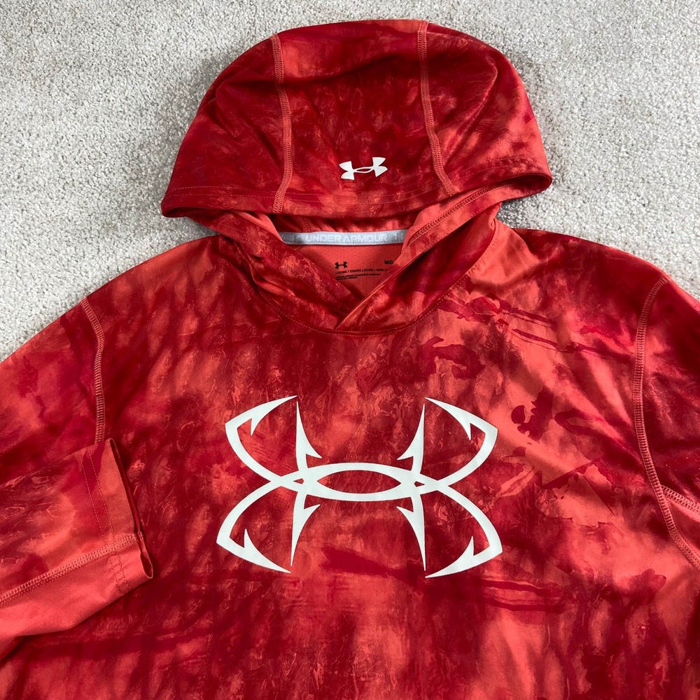 Under Armour Hoodie Mens Medium Red Fish Hook Performance Pullover Sun Shirt